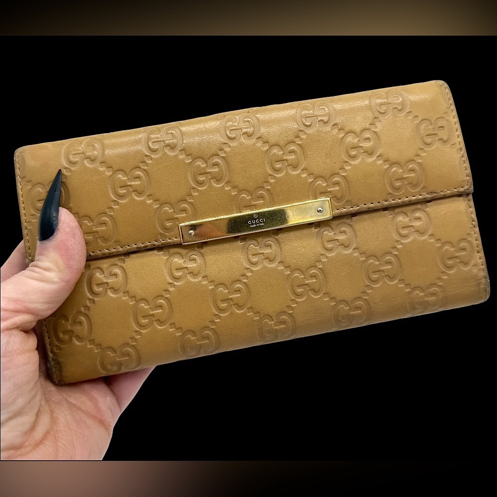 Gucci Guccissima Leather Flap Continental Long Wallet Bifold GG Tan Gold Logo - Picture 2 of 15
